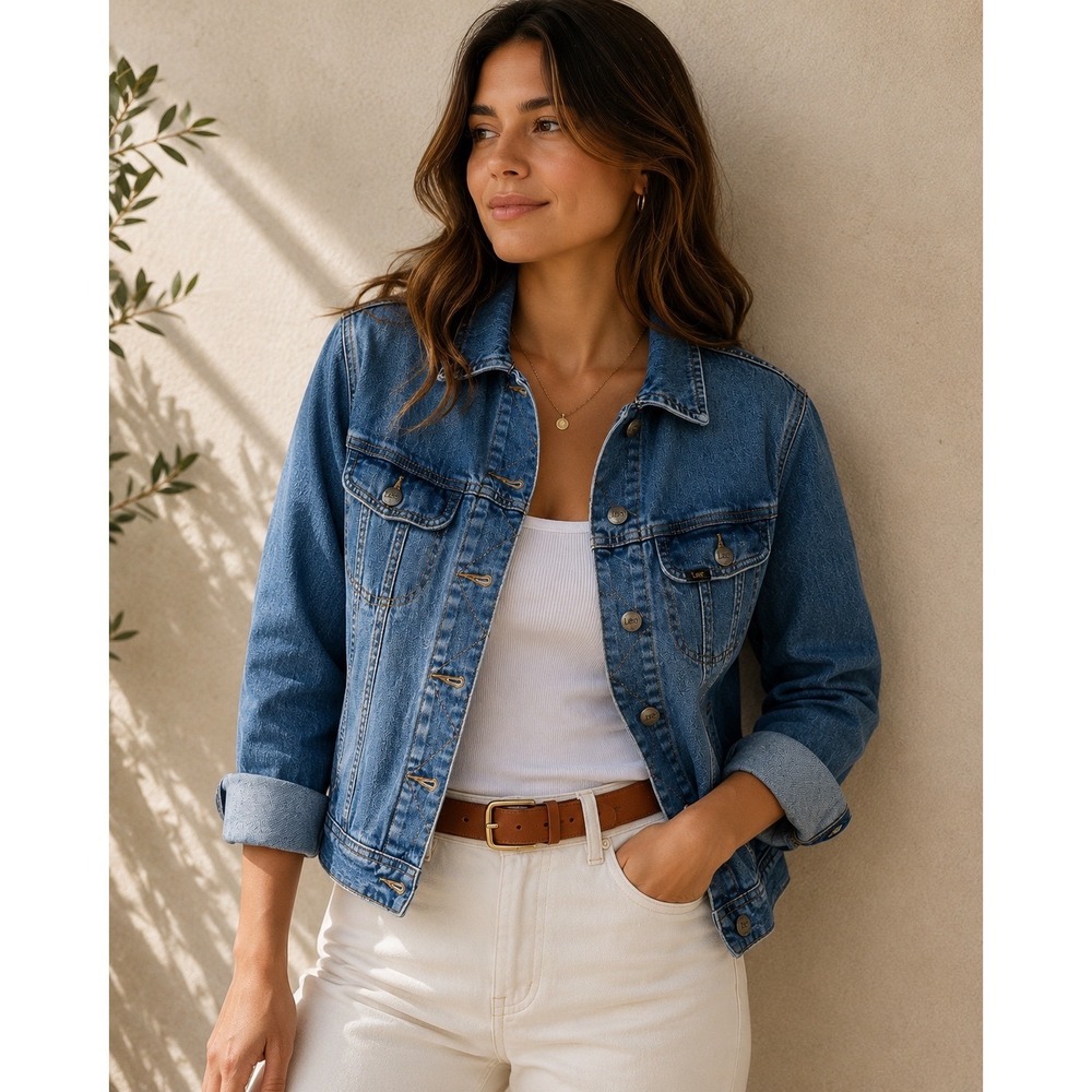 Lee Womens Denim Trucker Jacket Medium Wash Stretch Blue 112321914 Size Medium‎